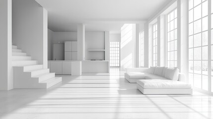 Fototapeta premium Loft minimalist white living room with concrete floor, kitchen, sofa