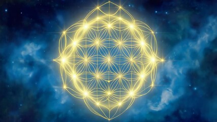 Sacred geometry animation with glowing golden lines in cosmic blue background for meditation visuals, healing content, spiritual branding and video background with copy space in center
