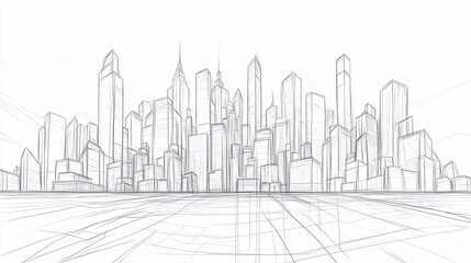 Naklejka premium Architectural Perspective: Urban Skyline Sketch with Skyscrapers and Buildings