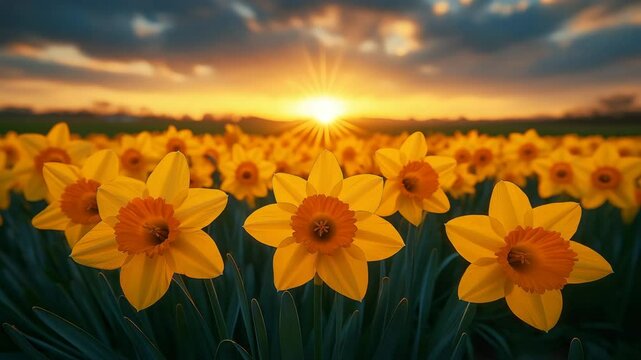 Blooming yellow daffodils in open field at sunrise under dramatic cloudy sky for spring-themed content, seasonal greetings, Easter visuals, and floral background videos with copy space in center in wa