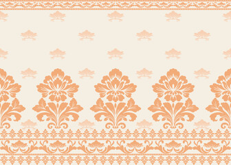 Elegant Traditional Ornamental Damask Border Pattern with Orange Floral Motifs for Textiles, Ceremony, Backgrounds, Packaging, and Decorative Vector Design 