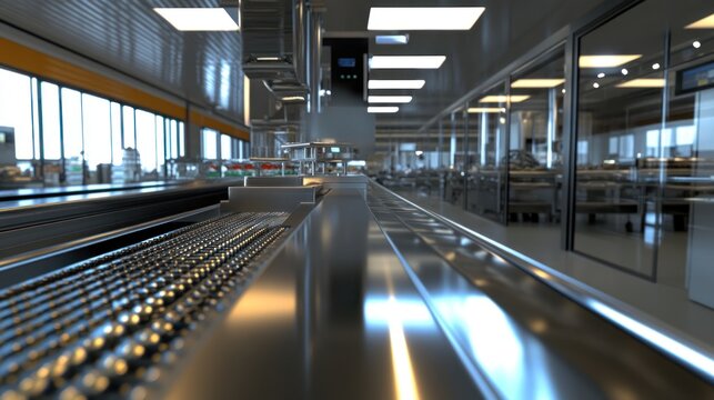 Modern food processing plant interior, stainless steel conveyor belt, clean workspace, efficient production line, industrial kitchen