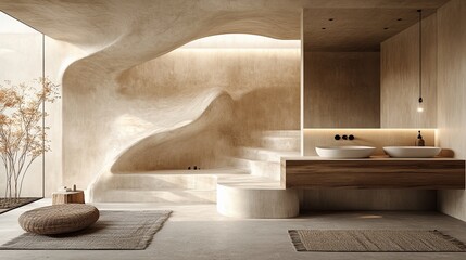Modern minimalist bathroom interior, modern vanity unit, white sink, wooden vanity unit, concrete floor.
