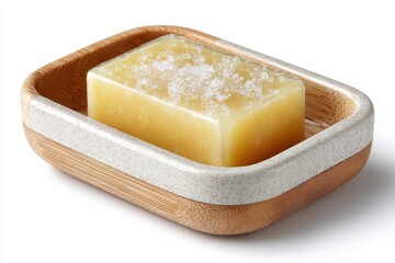 A biodegradable soap dish with a bar of soap, isolated on clean white background