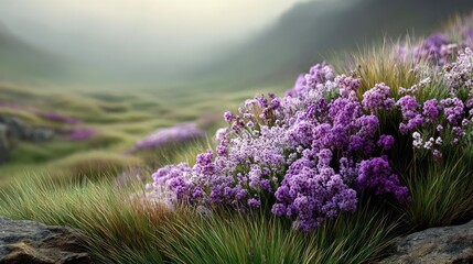Fototapeta premium Blooming flowers in meadow across glowing vibrant paradise concept. Vibrant purple flowers bloom in a misty, tranquil landscape.