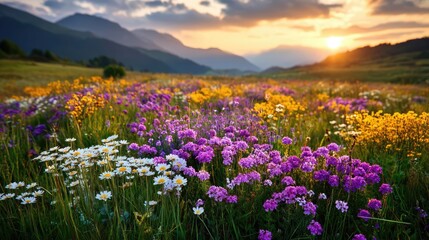 Obraz premium Blooming flowers in meadow with paradise feel and dreamy concept. Vibrant wildflowers in a serene mountain landscape at sunset.