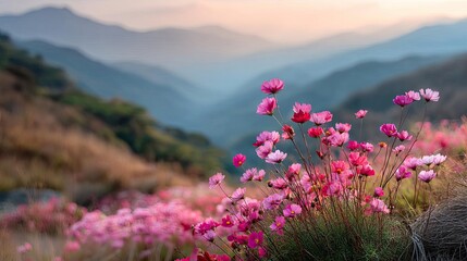 Obraz premium Blooming flowers in meadow across glowing vibrant paradise concept. Vibrant blossoms in a stunning mountain landscape at sunset.
