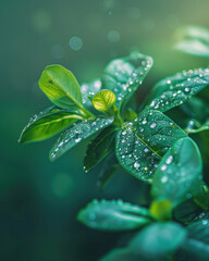Close up of green leaves with water drops