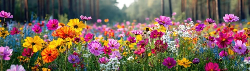 Fototapeta premium Blooming flowers in meadow through dreamy gardens and paradise concept. Vibrant wildflowers blooming in colorful harmony in nature's beauty.