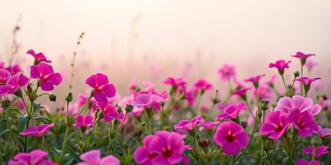 Misty morning, vibrant pink petunias in a wildflower field, cool fragrance, petunia, nature