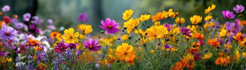 Blooming flowers in meadow with paradise feel and dreamy concept. Vibrant wildflower meadow blooming with colorful blossoms.