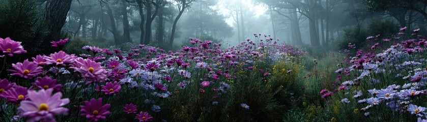 Obraz premium Blooming flowers in meadow through dreamy gardens and paradise concept. A serene meadow filled with vibrant flowers under a misty sky.