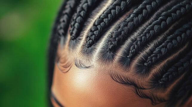 Close-up of intricate cornrow braids with defined edges and glossy texture, showcasing detailed hair artistry against a soft green background.