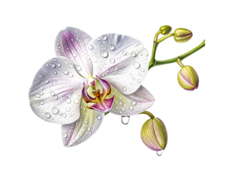 A detailed watercolor illustration of a pristine white orchid bloom with delicate purple accents, adorned with glistening water droplets on its petals a