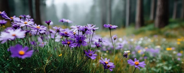 Blooming flowers in meadow through dreamy gardens and paradise concept. A serene meadow filled with vibrant purple flowers and greenery.