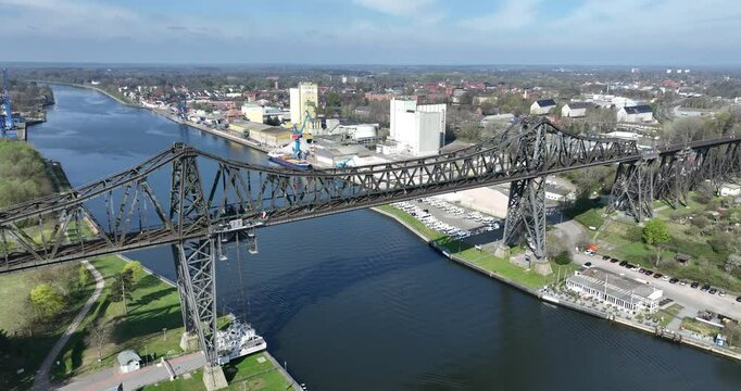 The Rendsburg High Bridge, shipping route, Kiel canal, passage way between the East sea and north sea. Transportation of ships, Water way infrastrucutre, global trade, shipping.