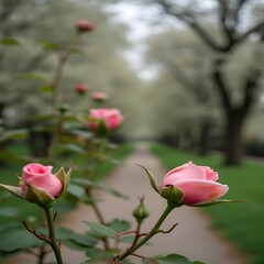 Capullos de rosas floreciendo a lo largo de un sendero arbolado en el parque