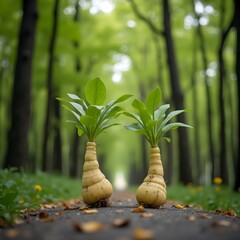 Brotes de flores de ginseng que florecen a lo largo del camino arbolado del parque.