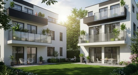 Modern apartment building exterior with garden