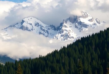 Obraz premium Majestic snow-capped peaks of the Dolomites, Welschnofen, Italy, shrouded in clouds; dense pine forests below, snowy, aerial