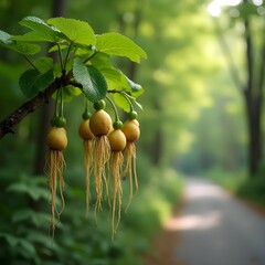 Brotes de flores de ginseng que florecen a lo largo del camino arbolado del parque.