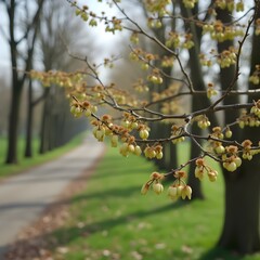 Brotes de flores de casta&ntilde;o floreciendo a lo largo de la avenida arbolada del parque