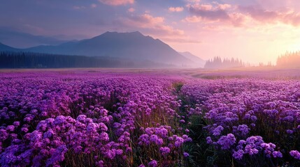 Naklejka premium Blooming flowers in meadow across glowing vibrant paradise concept. Vibrant purple wildflowers bloom under a breathtaking sunset sky.