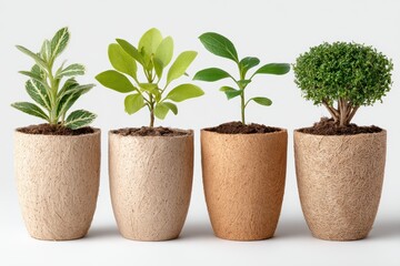 Fototapeta premium A set of biodegradable plant pots with young plants inside, isolated on white background
