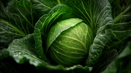 Obraz premium Cabbage (brassica oleracea) covered in dew 