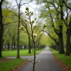 Brotes de flores de casta&ntilde;o floreciendo a lo largo de la avenida arbolada del parque