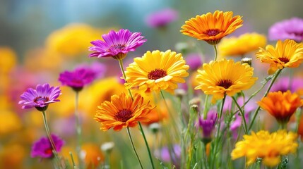 Blooming flowers in meadow with paradise feel and dreamy concept. Vibrant flowers in bloom showcasing a colorful spring landscape.