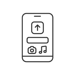 PNG cut out isolated background. A simple black line art illustration of a smartphone interface showing an upload arrow, text bar, camera icon, and music note icon