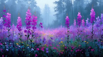 Fototapeta premium Blooming flowers in meadow through dreamy gardens and paradise concept. A serene field filled with vibrant purple flowers in morning mist.