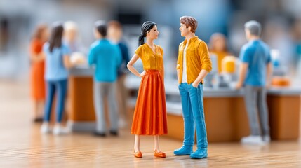 Miniature figures in animated conversation bustling backdrop