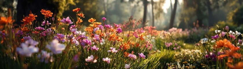 Obraz premium Blooming flowers in meadow through dreamy gardens and paradise concept. Vibrant wildflowers bloom in a serene forest setting, capturing nature's beauty.