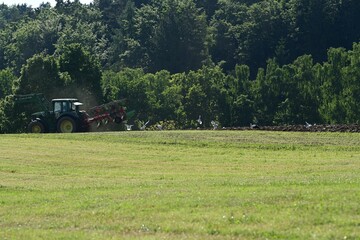 Futterbüffet. Möwen und Störche folgen einem Traktor der ein Feld ackert