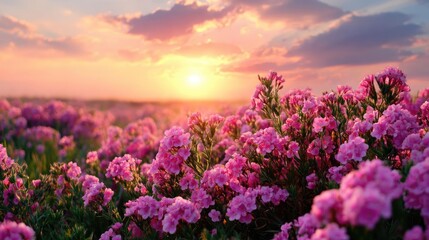 Obraz premium Blooming flowers in meadow through dreamy gardens and paradise concept. A vibrant field of pink flowers basking in the warm sunset glow.