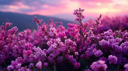Obraz premium Blooming flowers in meadow through dreamy gardens and paradise concept. Vibrant purple flowers bloom under a colorful sunset sky.