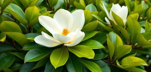 Obraz premium Large creamy white magnolia blossom surrounded by vibrant green leaves, detail, natural