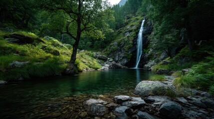 Breathtaking Waterfall Scenery: Mountain River Flowing Through Green Forest