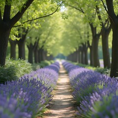 Brotes de lavanda floreciendo a lo largo de un sendero arbolado en el parque.