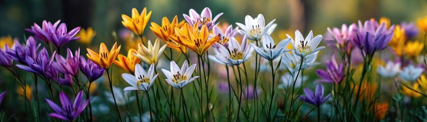 Fototapeta premium Blooming flowers in meadow with paradise feel and dreamy concept. Vibrant garden flowers in various colors blooming in sunlight.