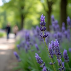 Brotes de lavanda floreciendo a lo largo de un sendero arbolado en el parque.