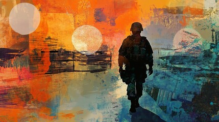 Abstract Painting of a Soldier on Patrol with Symbolic Circular Motifs