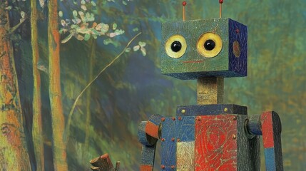 Colorful wooden robot figure in artistic forest