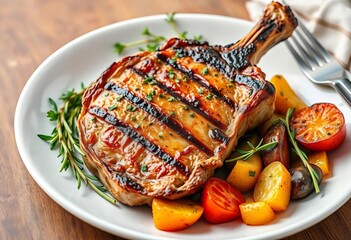 Juicy grilled pork chop, roasted vegetables, fresh herbs on white plate, recipe, delicious