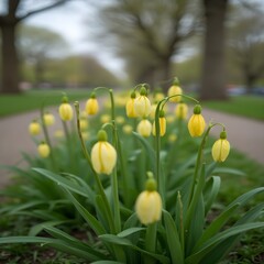 Brotes de lirio que florecen a lo largo de un sendero arbolado en el parque.