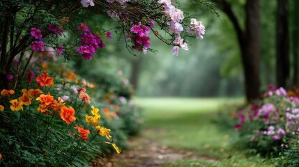Blooming flowers in meadow through dreamy gardens and paradise concept. Vibrant flowers blooming along a tranquil garden pathway.