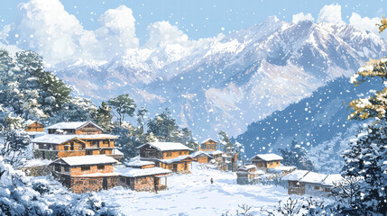 Snowfall Serenity: A picturesque village nestles amongst snow-capped mountains during a serene winter, with flurries of snowflakes gently blanketing the rustic dwellings and towering peaks.