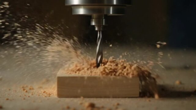 Drilling a wooden block in the workshop. Filmed on a high-speed camera at 1000 fps. High quality FullHD footage